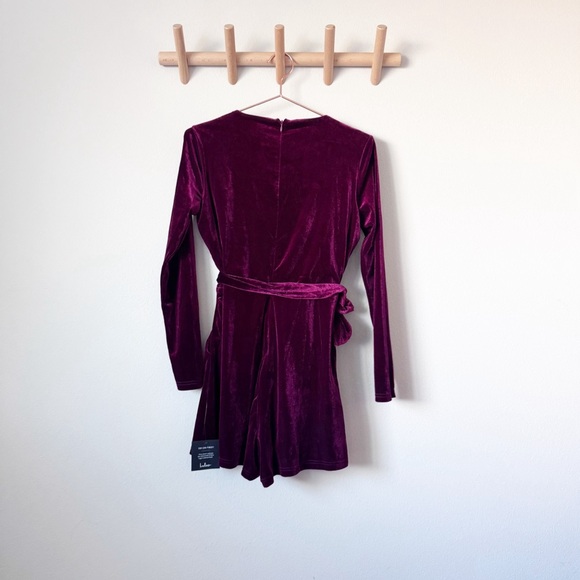 Lulu's Velvet Long Sleeve Romper in DeepMaroon Red - Picture 9 of 12
